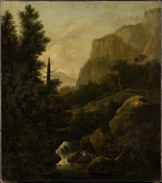 Mountain Landscape with Deer Hunt at a Waterfall à Frederik de Moucheron