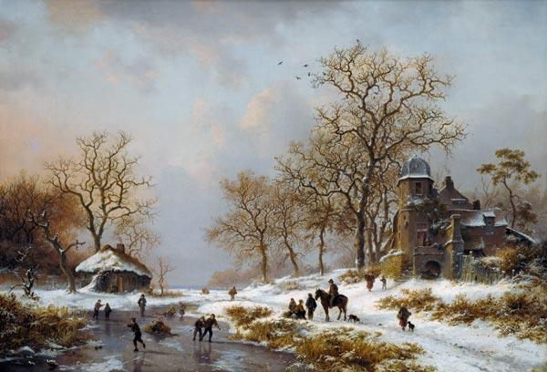 Paysage d'hiver avec l'étang gelé et des patineurs