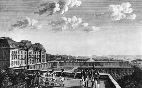 First steps of King of Rome on the terrace of Saint-Cloud; engraved by Dubois à École française