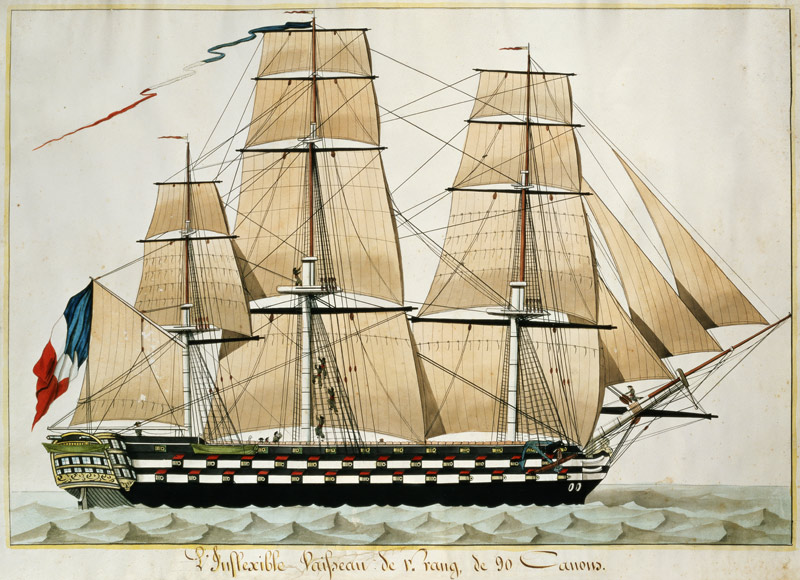 'L'Inflexible Vaisseau de v. Rang de 90 Canons' (The 90 Gun Ship of the Line) c.1835 (w/c with pen & à École française
