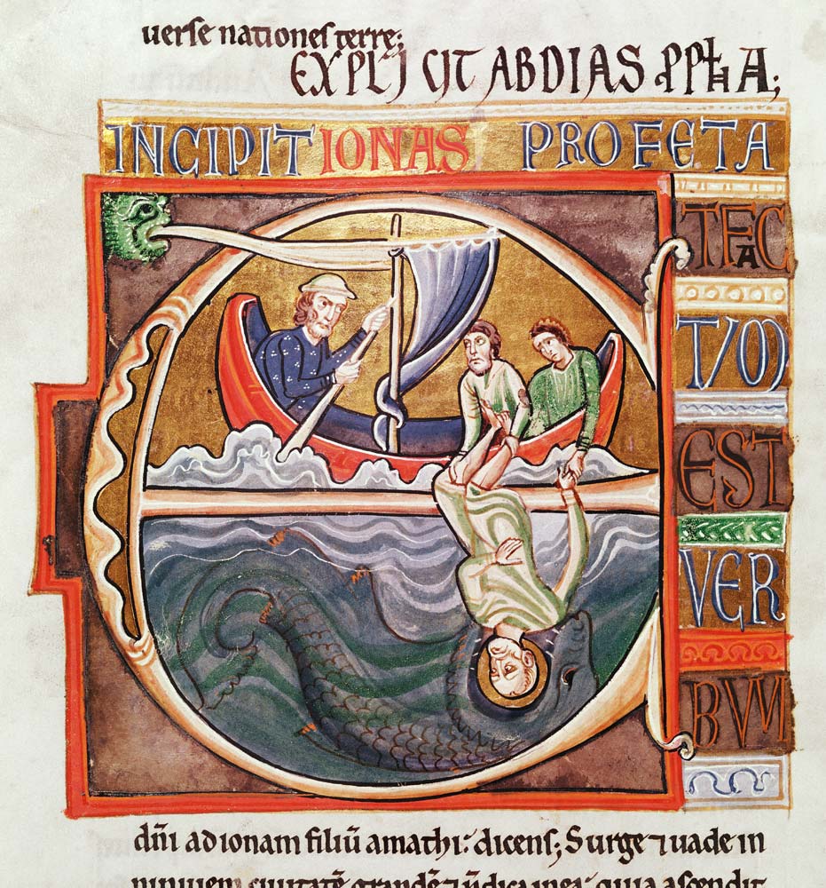 Ms 1 Fol.196v Historiated initial ''E'' depicting Jonah Thrown into the Sea, from the Souvigny Bible à École française