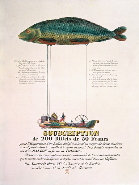 Poster advertising the subscription for a dirigible balloon in the shape of a fish à École française