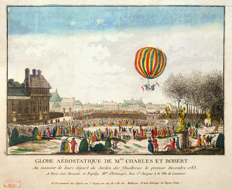 The Flight of Jacques Charles (1746-1823) and Nicholas Robert (1761-1828) from the Jardin des Tuiler à École française