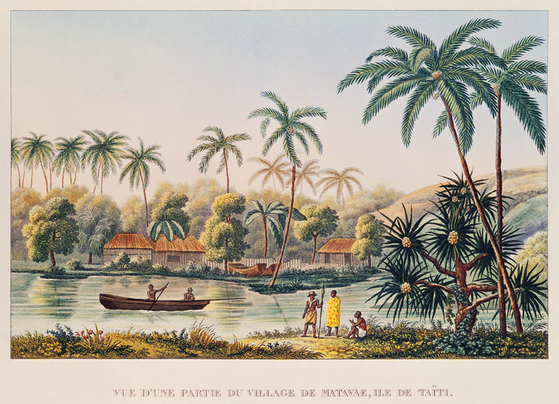 Village of Matavae, Tahiti, illustration from ''Voyage autour du Monde sur la Corvette Coquille'' Li à École française
