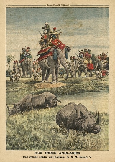 A rhinoceros hunt in honour of King George V (1865-1936), illustration from ''Le Petit Journal'', su à École française