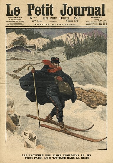 Alpine postmen using ski during their rounds in the snow, illustration from ''Le Petit Journal'', su à École française