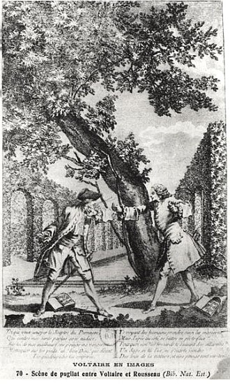 Argument between Jean-Jacques Rousseau (1712-78) and Voltaire (1694-1778) à École française