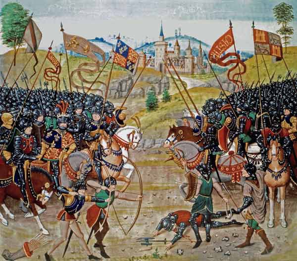 Fr 2643 f.312v Battle of Najera, 1367, from Froissart''s Chronicle à École française