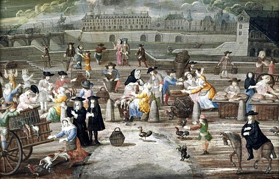 Bread and Poultry Market on Quai des Grands Augustins, painted for a fan à École française