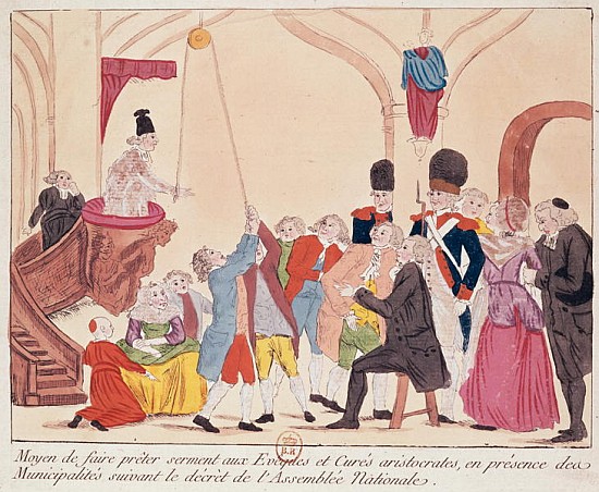 Caricature of the way to make aristocratic bishops and priests swear the oath for the Civil Constitu à École française