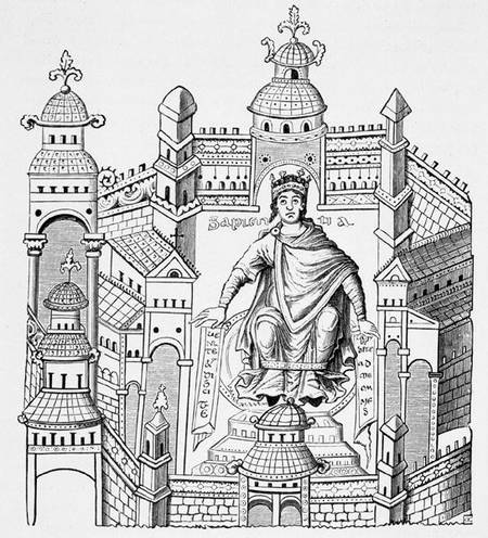 A Carlovingian king in his palace, personifying Wisdom appealing to the whole human race, after a mi à École française