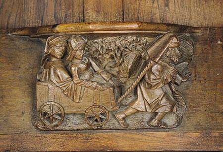 Carving depicting a couple in a cart pulled by a man, from a choir stall à École française