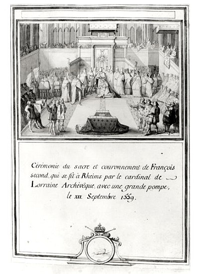 Coronation of Francis II (1544-60), 21st September 1559 in Reims the archbishop Cardinal de Lorraine à École française
