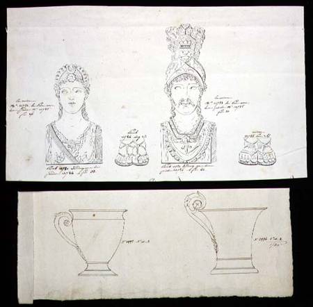 Designs for gilt bronze ormolu furniture mounts and French Empire porcelain cups à École française