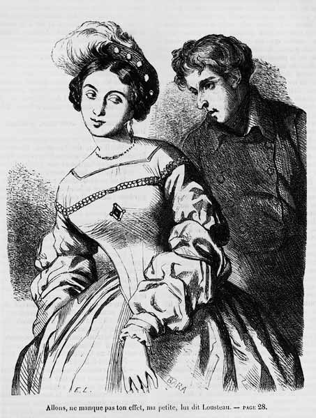 Etienne Lousteau speaking to an actress, illustration from ''Les Illusions perdues'' Honore de Balza à École française