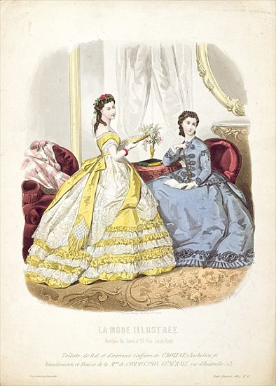 Fashion plate showing ballgowns, illustration from ''La Mode Illustree'' à École française