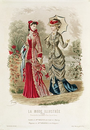 Fashion plate showing hats and dresses, illustration from ''La Mode Ilustree'' à École française
