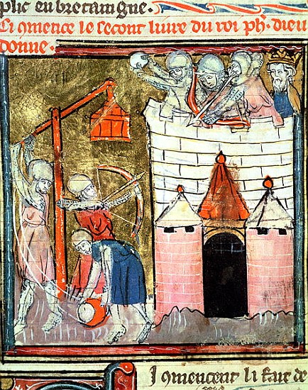 Fol.261v Siege of the Chateau de Chinon, from the Grandes Chroniques de France, 1375-79 à École française