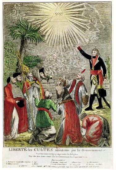 Freedom of Worship during the period of Napoleon''s consulship, depicting Napoleon pointing towards  à École française