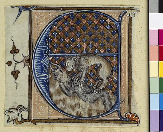 Historiated initial ''E'' depicting a lion fighting a devil, c.1320-30 à École française