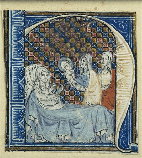 Historiated initial ''H'' depicting the Birth of the Virgin, c.1320-30 à École française