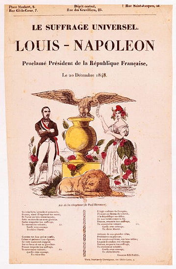 Illustrated lyric sheet for ''Le Suffrage Universel, Louis-Napoleon proclame president de la Republi à École française