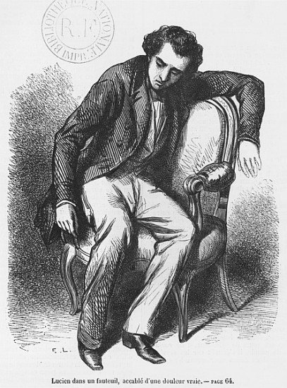 Lucien de Rubempre overwhelmed with sorrow, illustration from ''Les Illusions perdues'' Honore de Ba à École française