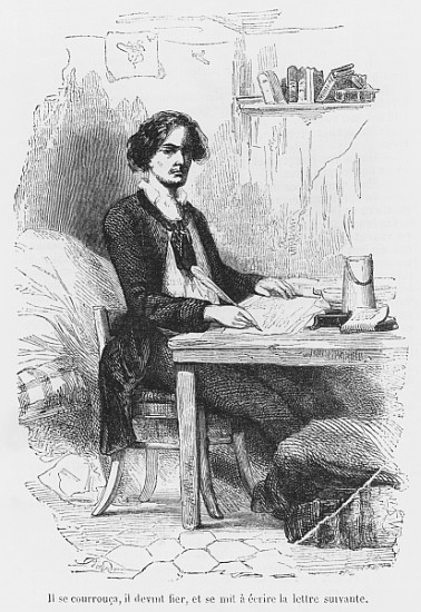 Lucien de Rubempre writing a letter, illustration from ''Les Illusions perdues'' Honore de Balzac; e à École française