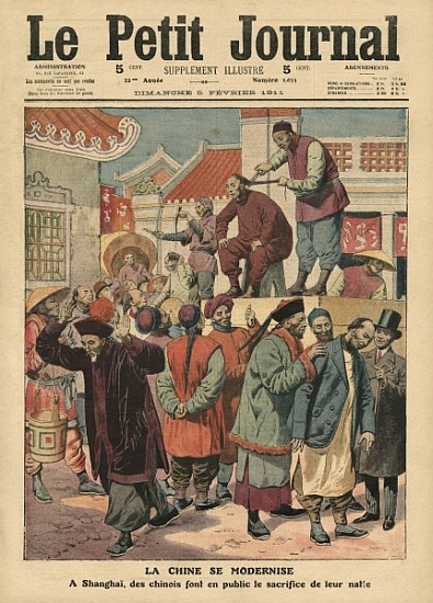 Modernisation of China, Chinese having their pigtail cut off in Shanghai, illustration from ''Le Pet à École française