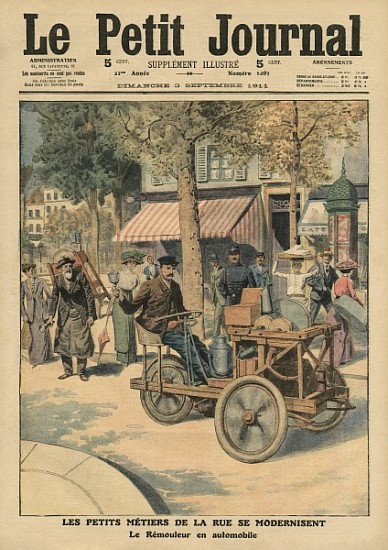 Modernisation of the street jobs, the knife grinder in his car, illustration from ''Le Petit Journal à École française