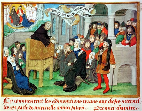 Ms.230 fol.57 Monk Preaching on Imitation, from ''Sermons sur la Passion et Traites Divers'' Jean de à École française