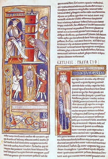 Ms 1 fol.284r Esther and Ahasuerus and the Hanging of Haman, from the Souvigny Bible à École française