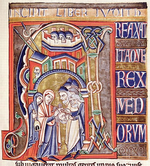 Ms 1 fol.292 Historiated initial depicting Judith with the head of Holofernes, from the Souvigny Bib à École française