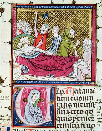 Ms 3076 fol.56r Dying Man Surrounded Doctors and Family, Dictating his Will, from ''Justiniani in Fo à École française