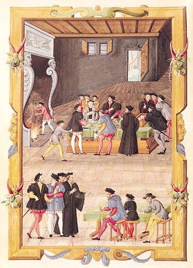 Ms 5169 f.2v The Notaries and the King''s Secretaries in the Hall of the College of Notaries and Kin à École française
