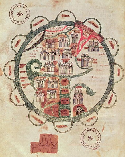 Ms 782 f.374v World map with Jerusalem in the centre, from ''Chroniques de St. Denis'', c.1275 à École française