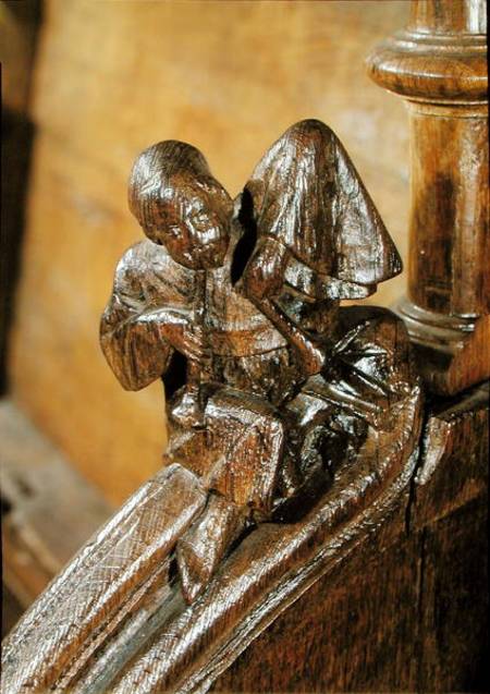 Musician playing a double flute, detail from a choir stall à École française
