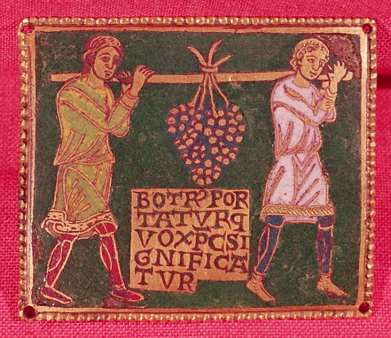 Plaque from a cross depicting two men carrying the grapes of the promised land, Mosane School (champ à École française
