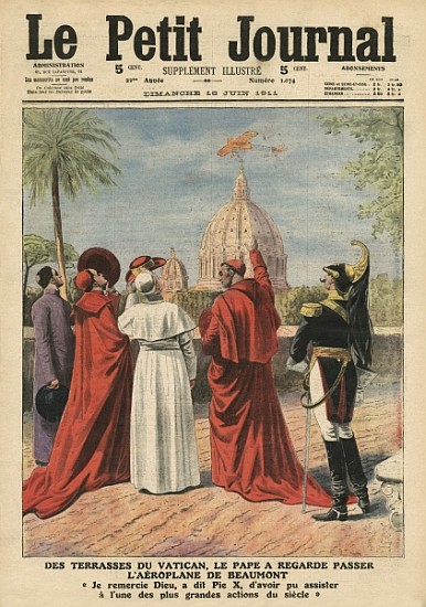Pope Pius X watching the airplane of Andre Beaumont flying over Rome from the Vatican terrace, illus à École française