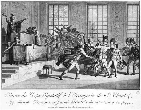 Session of the Legislative body at St.Cloud''s Orangery, arrival of Bonaparte (1769-1821) Protected  à École française