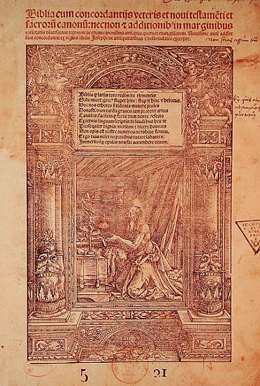 St. Jerome in his Studiolo, title page of a Bible, printed J. Marion, Lyon à École française