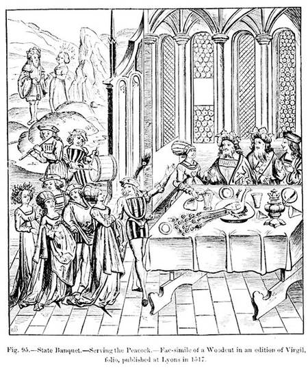 State banquet - serving the peacock, after a woodcut in an edition of Virgil, published Lyons à École française