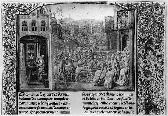 T.4 fol.1 L: Froissart writing his chronicle, R: Isabella of Bavaria (1371-1435) entering Paris in 1 à École française
