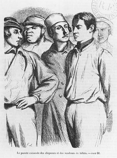 The arrogant squad of hired applauders and ticket sellers, illustration from ''Les Illusions perdues à École française