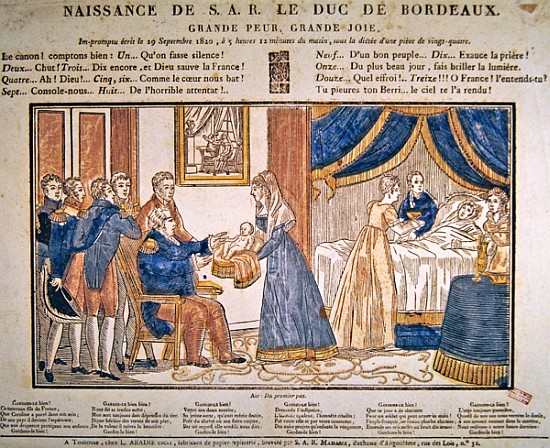 The birth of Henri Charles Ferdinand Marie Dieudonne de France, Duc de Bordeaux, Comte de Chambord o à École française