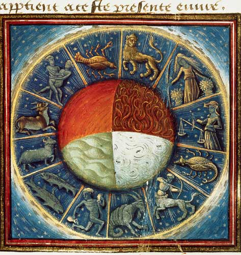 Ms Fr 135 Fol.285 The four elements of the Earth with the twelve signs of the zodiac, from 'Des Prop à École française