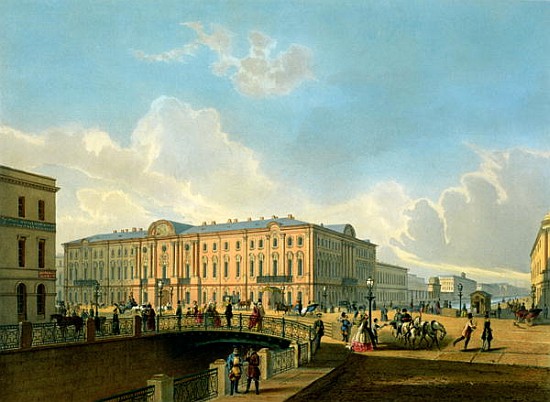 The Moyka Embankment and the Police Bridge in St. Petersburg, printed J. Jacottet and Regamey, publi à École française