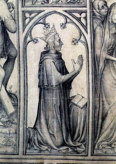 The Parement of Narbonne, detail of Charles V (1338-80) praying, c.1375 (grisaille on silk) (detail  à École française
