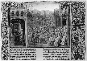 T.4 fol.1 L: Froissart writing his chronicle, R: Isabella of Bavaria (1371-1435) entering Paris in 1