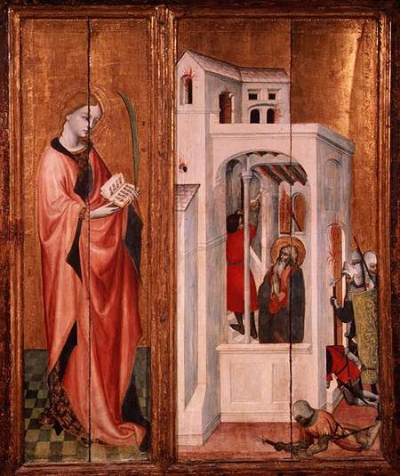 Thouzon Altarpiece, left-hand section showing a female martyr and a scene from the Life of St. Andre à École française